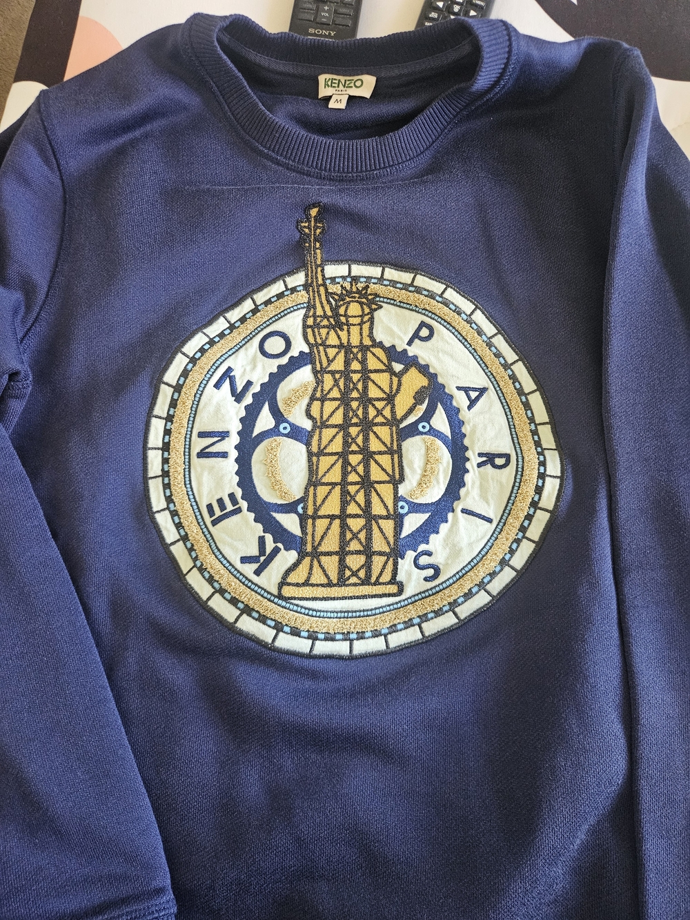 Kenzo Navy Sweatshirt with Gold & Cream Embroidered Tower Emblem
